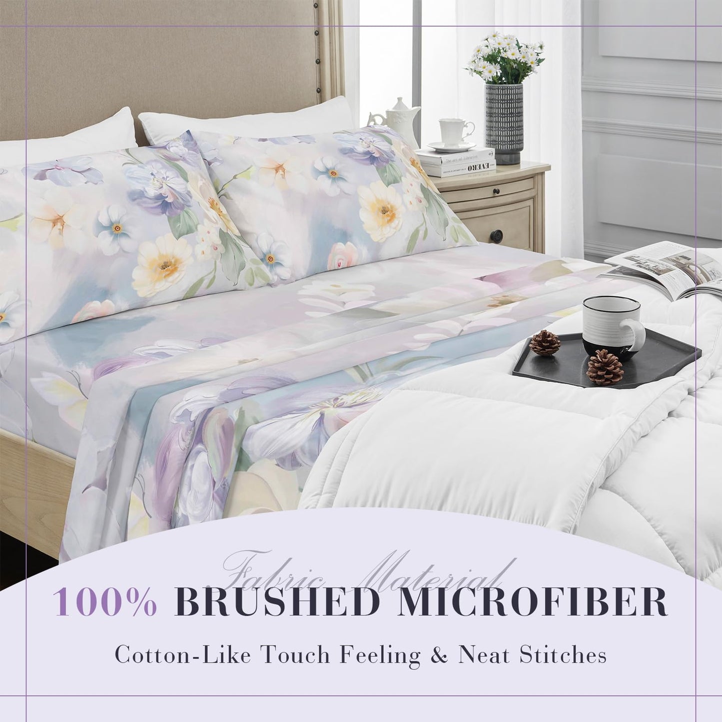 YIYEA Floral Sheets King Size, Premium Double Brushed Microfiber Bed Sheet Set for All Season, Soft Breathable, 16" Deep Pocket, Shrinkage and Fade Resistant, 4PC, King