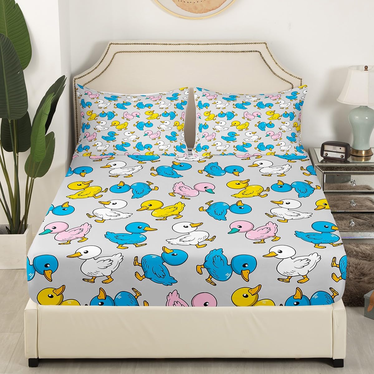 Erosebridal Cartoon Duck Bed Sheets for Kids Boys Girls,Colorful Lovely Duck Sheet Set,Cute Hand Drawn Goose Bedding Set Full,Lovely Farmhouse Animal Fitted Sheet + Flat Sheet + 2 Pillow Shams