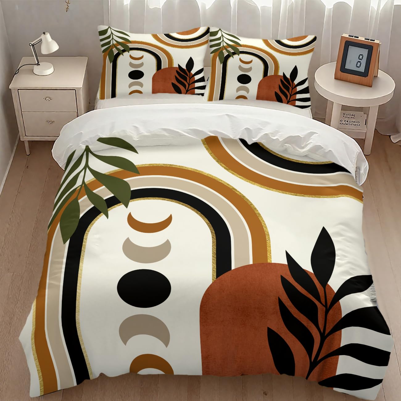 Lnepty Bohemian Leaf Comforter Set,Mid Century Abstract Tropical Plant Minimalist Modern Geometric Palm Leaf Simple Bedding Duvet Cover Sets with Pillowcase for Bedroom Bed Decor，Twin 86"x70"