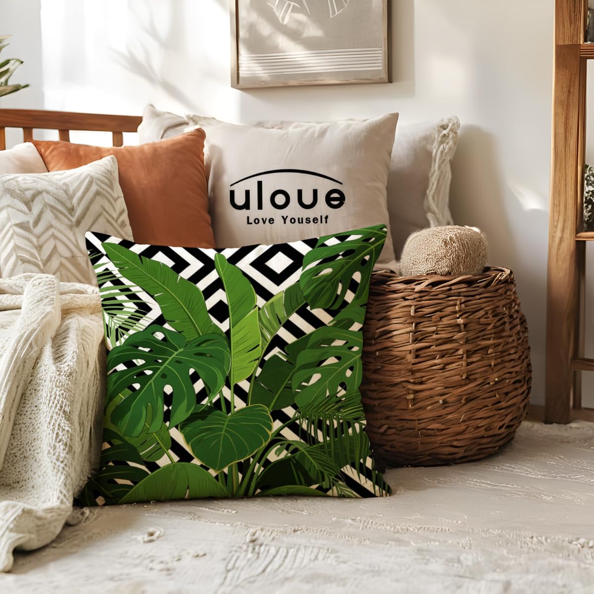 ULOVE LOVE YOURSELF 2Pack Tropical Green Leaves Throw Pillow Cover with Geometric Background Home Decorative Square Cushion Covers Summer Home Decor Palm Pillowcase 18 X 18 Inch(Palm Tree)