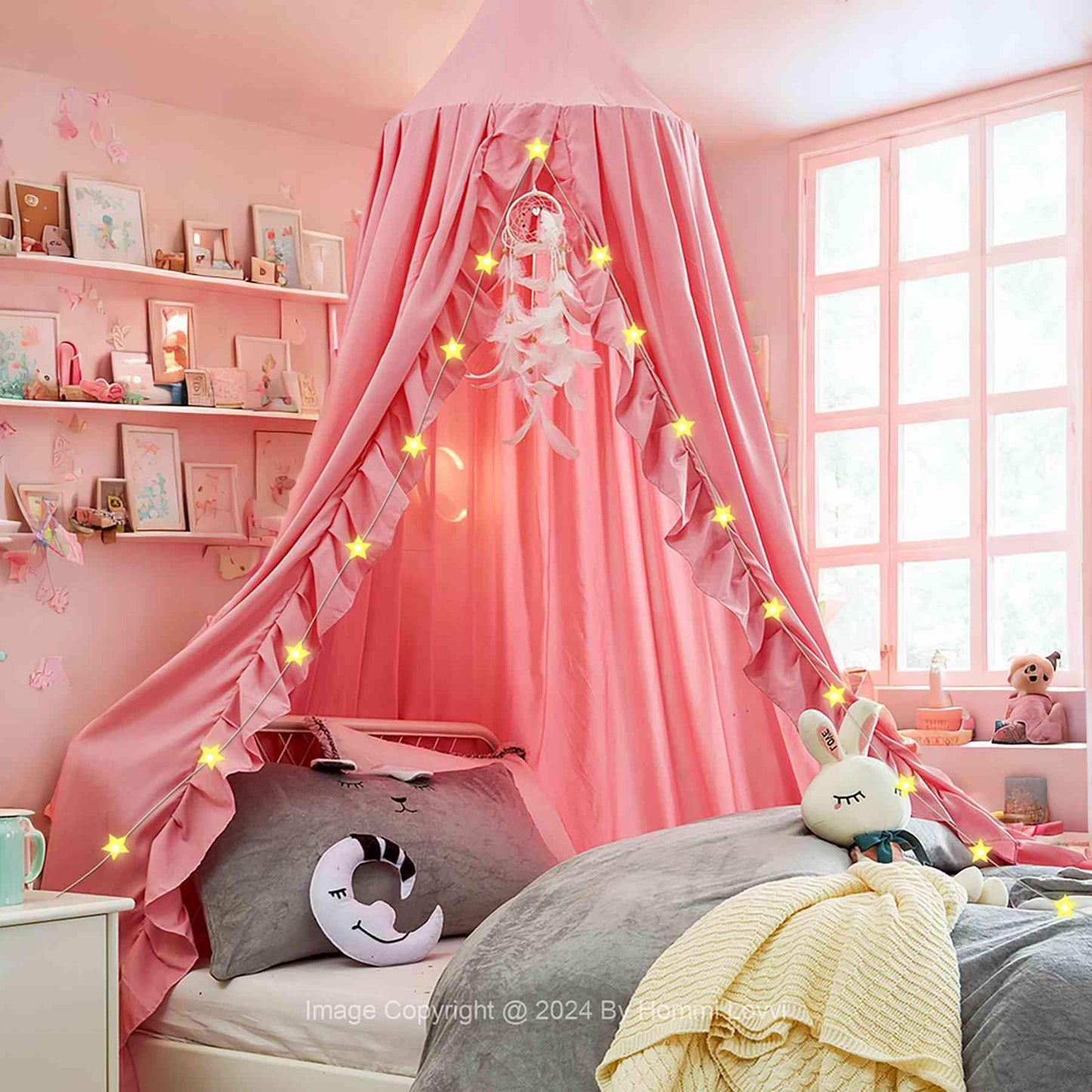 Hommi Lovvi Kids Bed Canopy, Dreamy Frills Canopy for Girls Bedroom Soft Ceiling Hanging Decoration Princess Canopy Net Reading Nook, Extra Large Full Size Bed Canopies with Light - Pink
