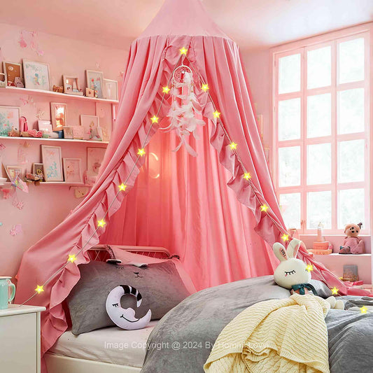 Hommi Lovvi Kids Bed Canopy, Dreamy Frills Canopy for Girls Bedroom Soft Ceiling Hanging Decoration Princess Canopy Net Reading Nook, Extra Large Full Size Bed Canopies with Light - Pink