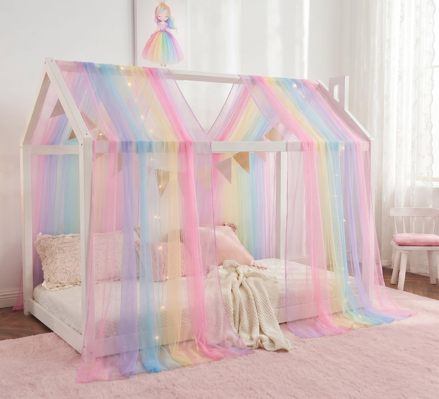 WANFASO Rainbow Bed Canopy for Girls, Sheer Twin Canopy Bed Curtains with Lights, Princess Canopy Scarf for Girls Bed Room Decor (2 Panel)