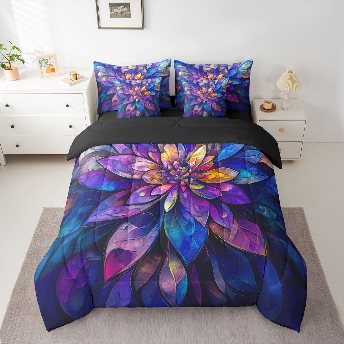 Erosebridal Lotus 7 Piece Bedding Set Twin Stained Glass Comforter Set with Sheets Flowing Light Modern Art Flowers for Kids Boys Girls Geometric Floral Purple Blue Bed in a Bag