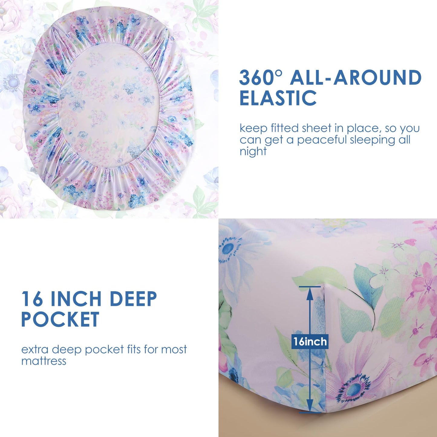 JSD Purple Hydrangea Floral Sheet Set Full Size, 4 Piece Soft Spring Printed Microfiber Bed Sheets Deep Pocket
