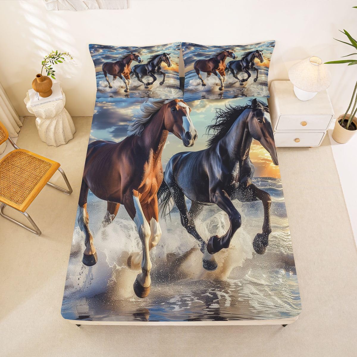 jejeloiu Horse Bed Sheets Set Queen Size Galloping Horse Bed Set for Kids Boys Girls Cute Animal Decor Deep Pocket Fitted Sheet Western Farmhouse Breathable Soft Lightweight Microfiber