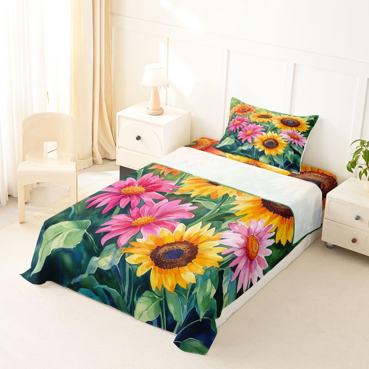 Erosebridal Spring Sunflower Bed Sheets Set Twin Watercolor Floral Sheet Set Green Watercolor Leaves Sheets Retro Boho Sunflower Flat Fitted Sheet