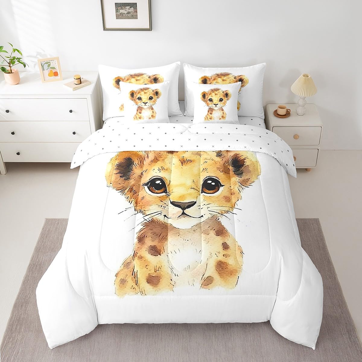 Erosebridal Kawaii Lion Twin Size Comforter Set with Sheets Kids | African Jungle Animal 7-Piece Bedding Set Tropical Forest Wildlife Pattern Bed in a Bag Cartoon Wild Safari Animal Bed Quilt Sets