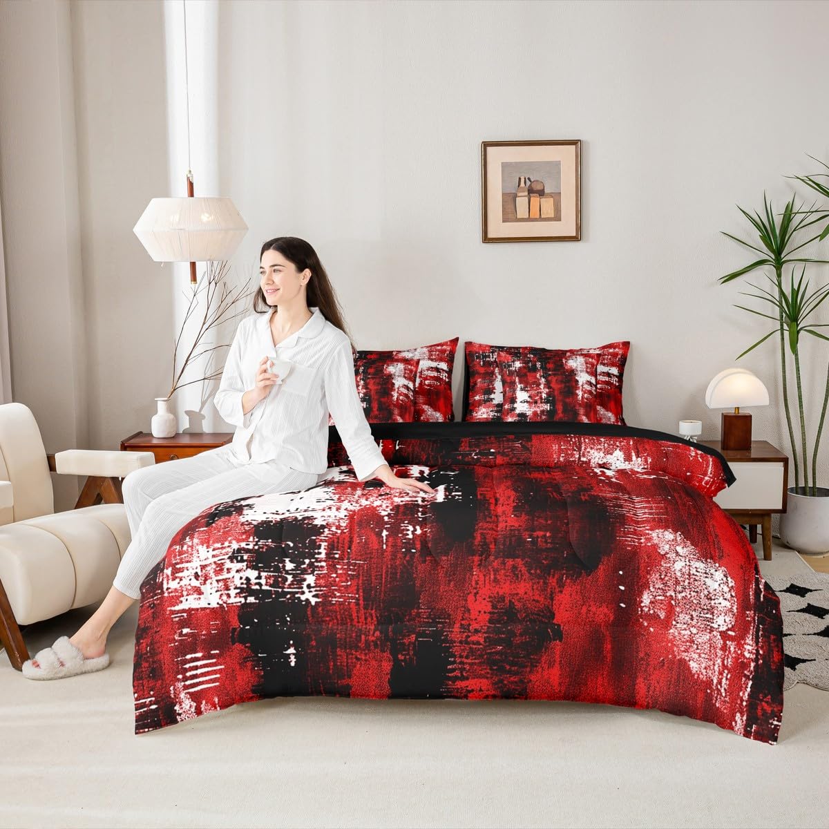 Feelyou Abstract Queen Comforter Set with Sheets for Kids Boys Girls Modern Abstract Art 7 Pieces Bedding Set Black Red Bed in a Bag Luxury Room Decor Geometric Soft Lightweight Microfiber