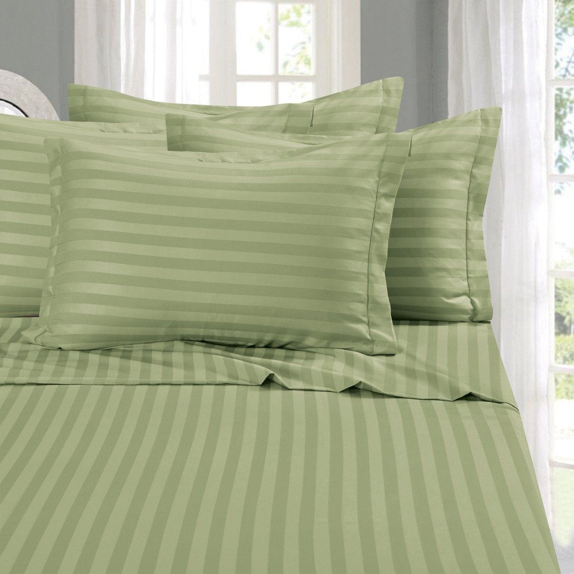 Elegant Comfort Wrinkle & Fade Resistant 1500 Premier - Damask Stripes Hotel Quality Luxurious Silky Soft 4pc Sheet Set, Up to 16" Deep Pocket, Queen, Sage