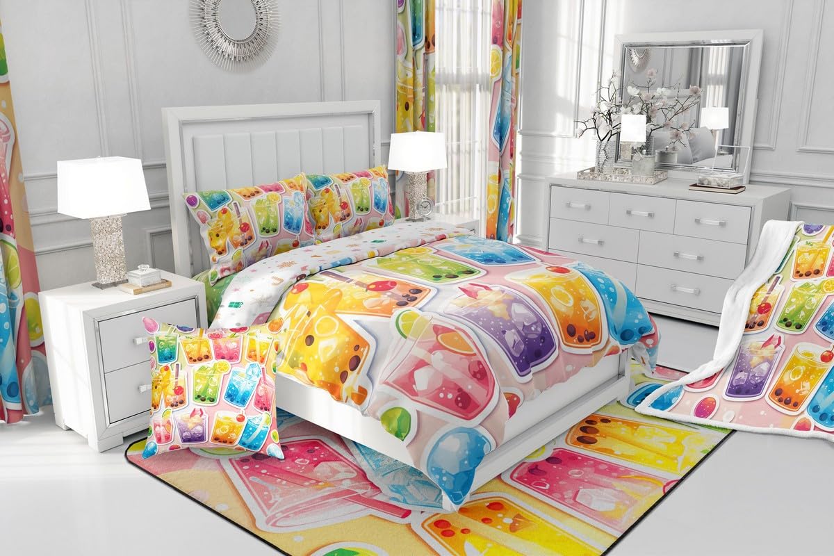 Erosebridal Kawaii Boba Tea Bedding Set Queen Size,Bubble Tea Comforter Set Funny Gifts for Kids Teen Girls,Fruit Print Quilt Bed Set Cute Rainbow Bed Comforter Sets with 2 Pillowcases Room Decor