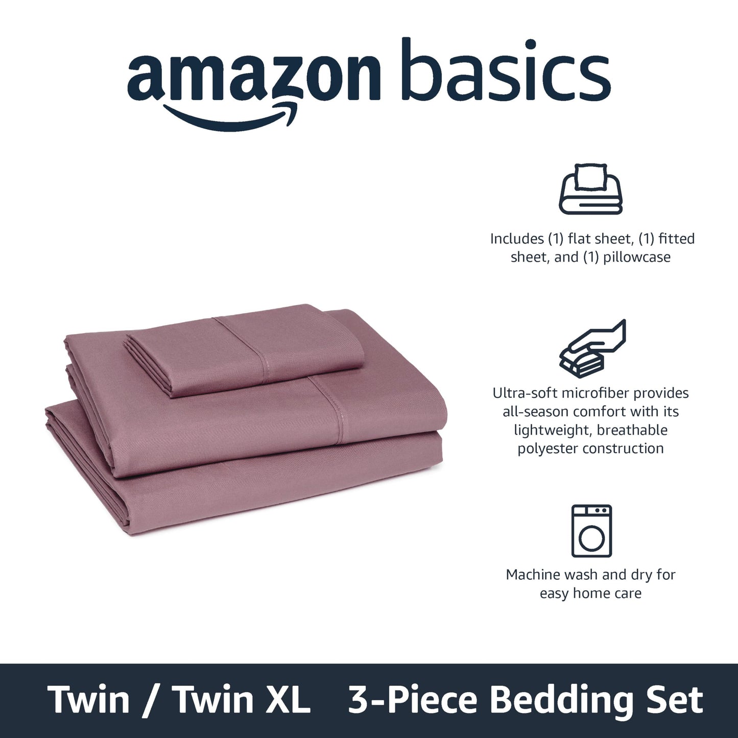 Amazon Basics Lightweight Super Soft Breathable Wrinkle-Free Microfiber 3-Piece Bed Sheet Set, Twin XL, Rose, Solid