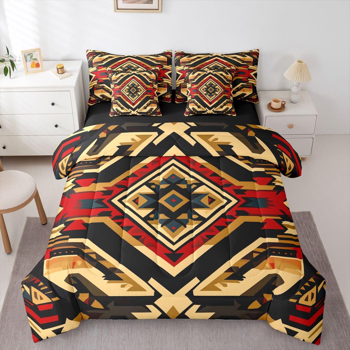 Erosebridal Aztec 7 Piece Bedding Set Queen Tribal Comforter Set with Sheets Native American Boho Southwestern Bed in a Bag Geometric Western Rustic for Teens Men Women