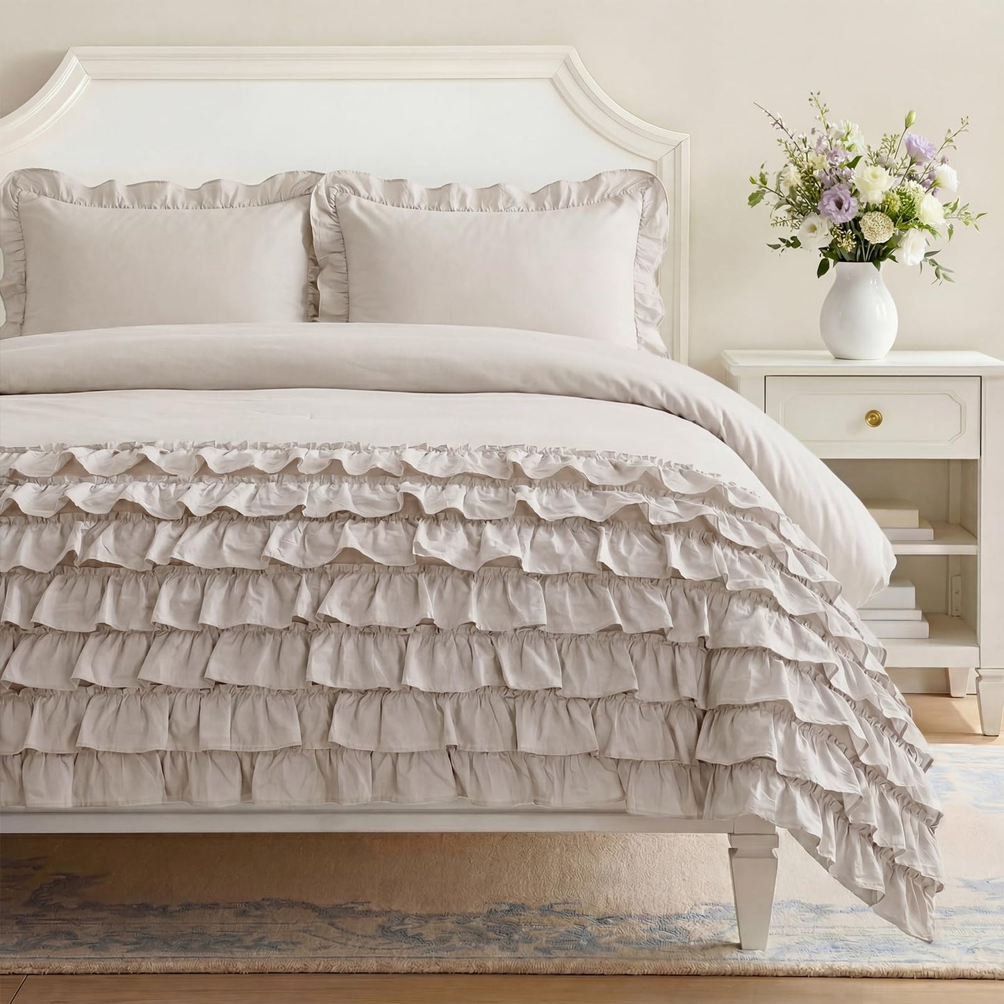 Bedorm 100% Cotton Duvet Cover Set King Beige Ruffle Bedding Set Multi-Layers Ruffled Design Shabby Chic Duvet Cover 3Pcs Soft Breathable Cotton Bed Set