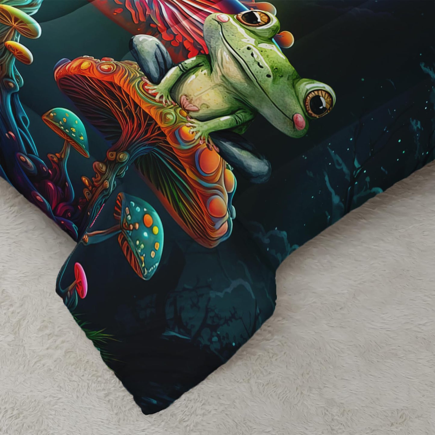 AILONEN Frog Comforter Set Queen Size,Fantasy Magic Mushroom Frog Kids Bedding Set for Boys Girls,Green Wild Animals Duvet Set 3 Pieces, 1 Quilt and 2 Pillowcases, All Season