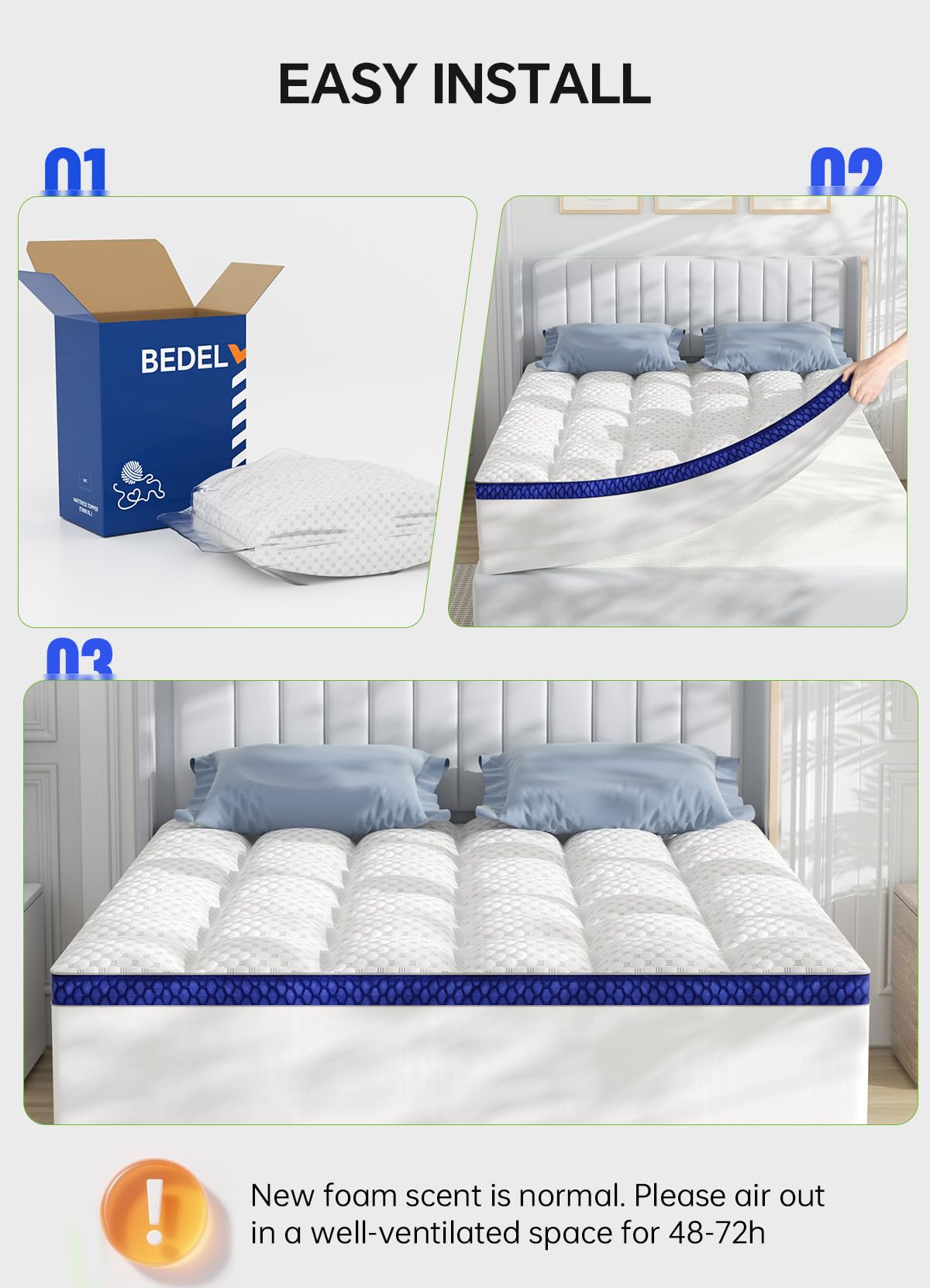 BEDELITE King Mattress Topper 3 Inch Thick Mattress Pad, Plush Pillow Top Bed Cover with Elastic Deep Pockets Up to 6-24 Inch for Pressure Relief, Shredded Memory Foam Filling