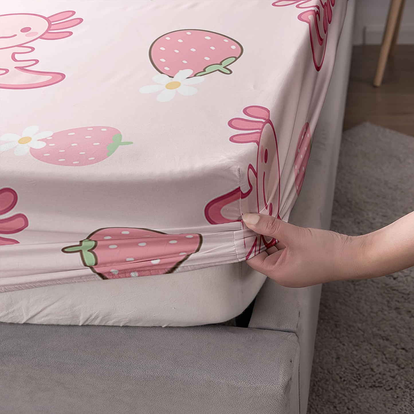 QOOMO Pink Axolotl Microfiber Flat Fitted Sheets Set for Children Kawaii Strawberry Kids Sheet Set Cute Sea Creature Super Soft Kids Bedding Set Queen Size 1 Fitted Sheet, 1 Flat Sheet, 2 Pillow Cases