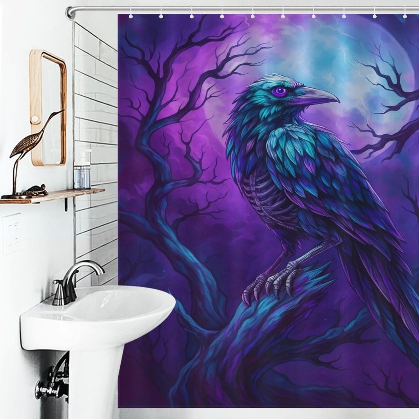 DUMIERTKL Mystic Raven Perched Shower Curtain,Funny Bathroom Decor Waterproof Fabric with Hooks 64x70 in