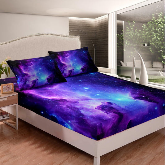 Galaxy Bedding Set Twin Size for Kids Boys Girls Starry Sky Bed Sheet Set Outer Space Cosmos Universe Bed Cover with 1 Pillow Shams Ultra Soft Teens Blue Purple Milky Way Fitted Sheet (No Flat Sheet)