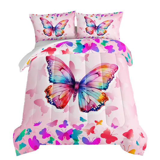 HOSIMA Colorful Butterfly Rainbow Comforter Queen Size,Tie Dye Beauty Butterfly Bedding Sets for Kids Girls Teens Bedroom Decor,Aesthetics Butterflies Teenage Girl Comforter Sets with 2 Pillowcases.