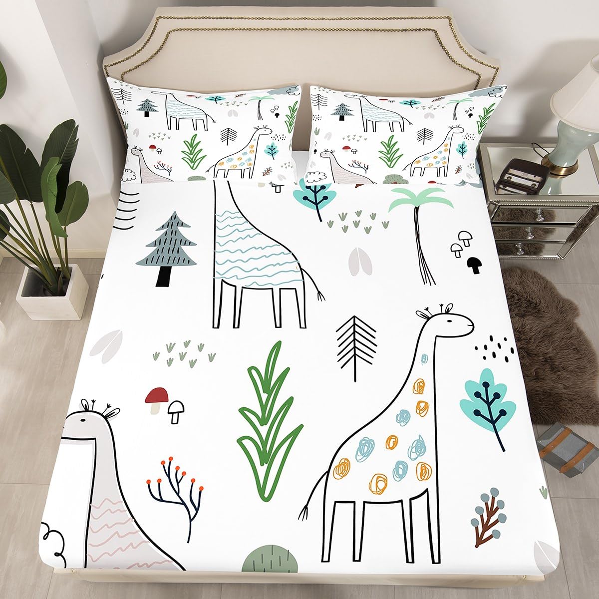 Cartoon Giraffe Bed Sheet Set Twin Size,Hand Painting Giraffes Leaves Sheet Set Kids Teens,Cartoon Wild Animals Bedding Decor Set with 1 Flat & 1 Fitted Sheet with 1 Pillow Sham