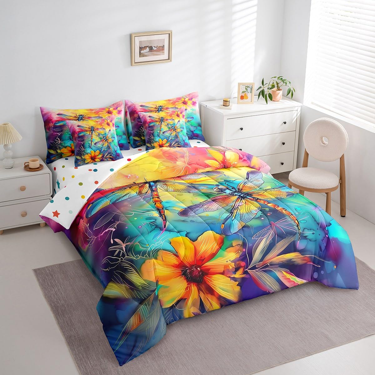 Erosebridal Tie Dye Drangonfly Bedding Set 7Pcs,Oil Painting Petal Floral Comforter Set Queen,Rustic Farmhouse Style Quilt,Aesthetic Watercolor Bed in a Bag