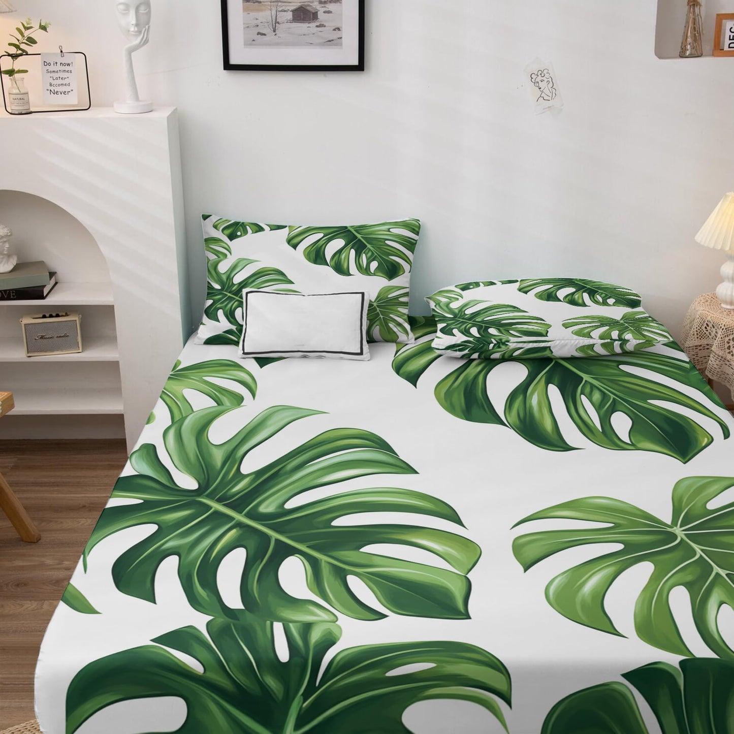 NOGAWA Tropical Monstera Sheets Queen Size, Green Leaf Bed Sheets, Patterned Bedding Sheets & Pillowcases 4 Piece Set - Soft Microfiber Deep Pocket Fitted Sheet & Flat Sheet & 2 Pillow Cases