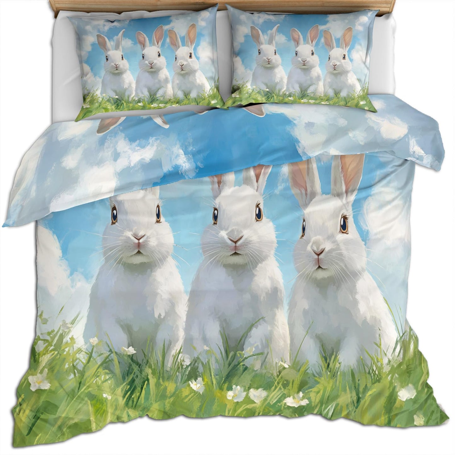 PAISUOQ Bunny/Kids Duvet Cover Queen Size, Cute Bunny Bedding Sets, 3 Piece, Soft Microfiber Patterned Comforter Cover with Zipper Ties & 2 Pillowcase, Easter Theme Bedroom Decor & Gifts