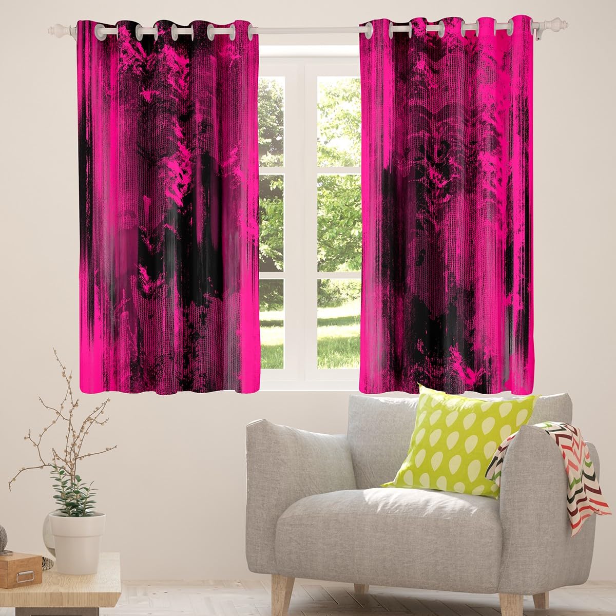 Feelyou Abstract Curtains for Bedroom Living Room Modern Abstract Art Blackout Shades Hot Pink Black Room Darkening Curtain Luxury Window Treatments, 2 Panels 38 x 45 Inch Decor