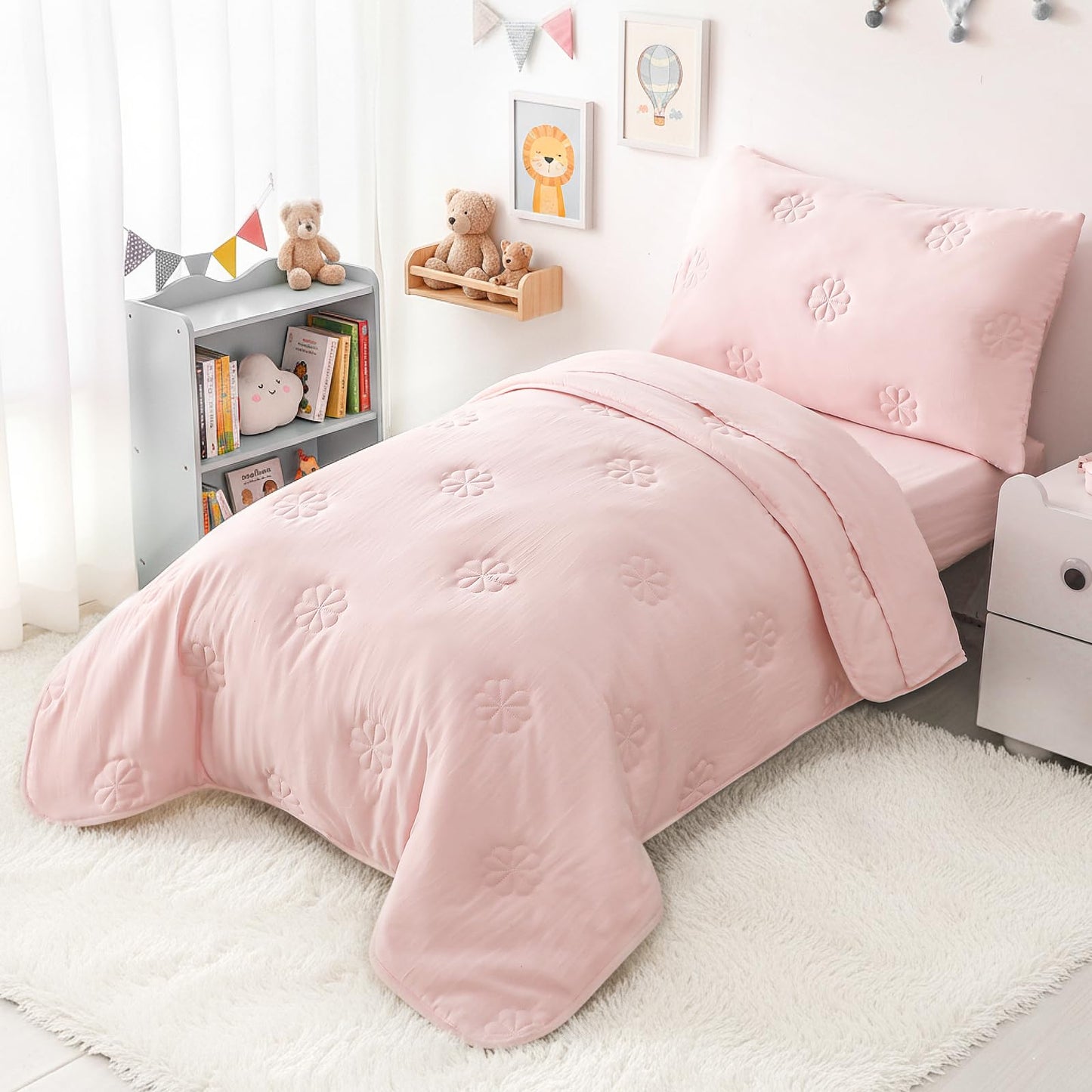 DreLunis Pink Toddler Bedding Sets for Girls, 4 Pieces Soft Microfiber Floral Embroidery Toddler Bed-in-a-Bag Includes Soft Comforter, Flat Sheet, Fitted Sheet, Envelope Pillowcase