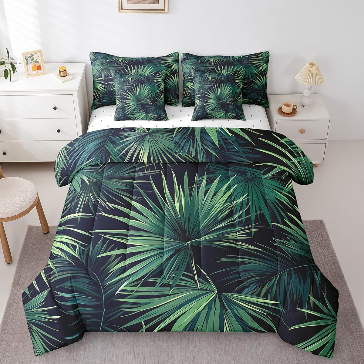 Erosebridal Tropical Green Leaves Quilt with Flat Fitted Sheet Summer Hawaiian Comforter Set 7 Piece Twin Monstera Banana Leaves Bed in A Bag for Kids Boys Girls Jungle Nature Theme Bedding Sets