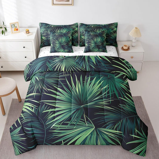 Erosebridal Tropical Green Leaves Quilt with Flat Fitted Sheet Summer Hawaiian Comforter Set 7 Piece Twin Monstera Banana Leaves Bed in A Bag for Kids Boys Girls Jungle Nature Theme Bedding Sets