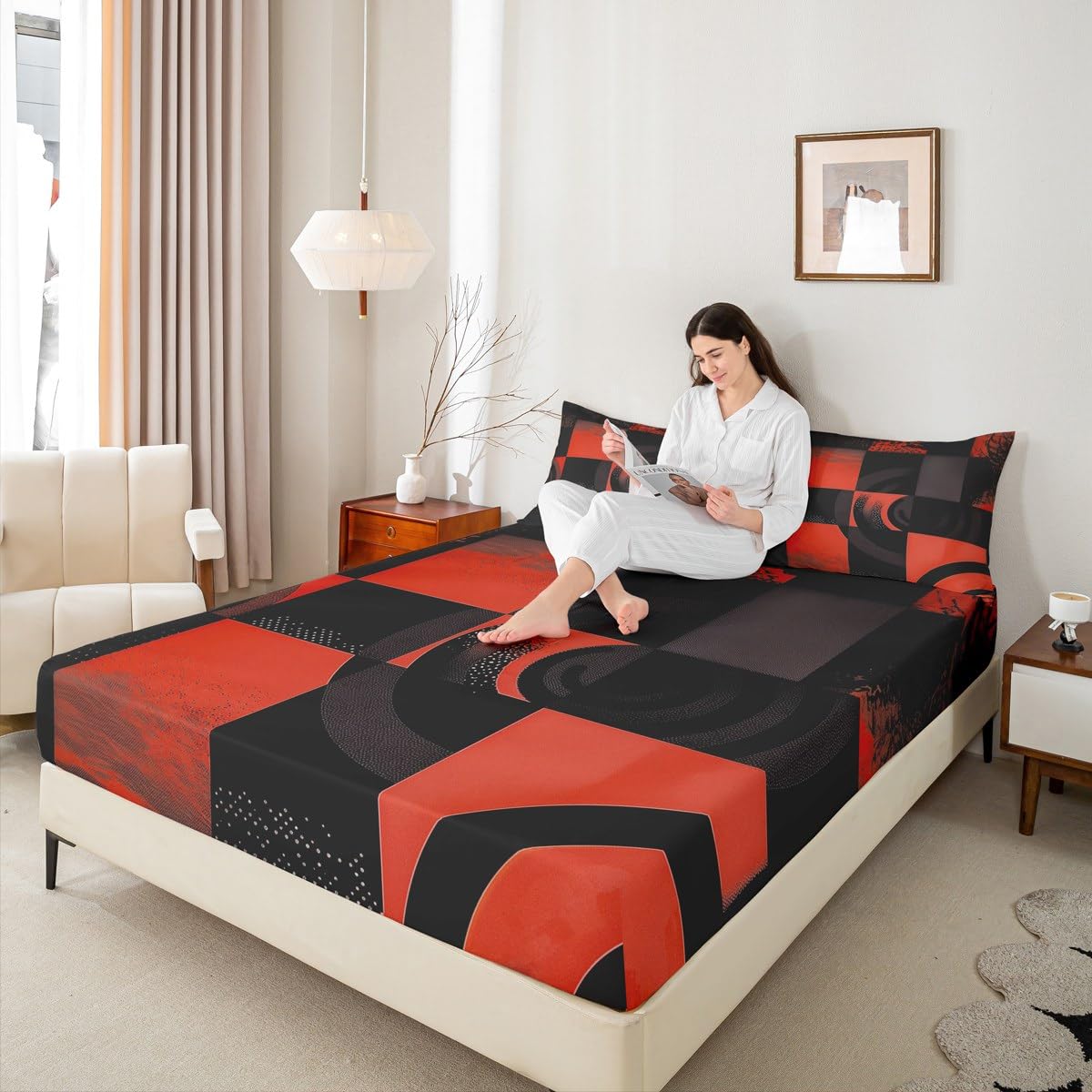 jejeloiu Black and Red Fitted Sheet with 1 Pillowcase Twin Size Abstract Bed Sheets Set 16" Deep Pocket Boys Girls Bedding Plaid Teens Bedroom Decor Breathable Soft Lightweight Microfiber