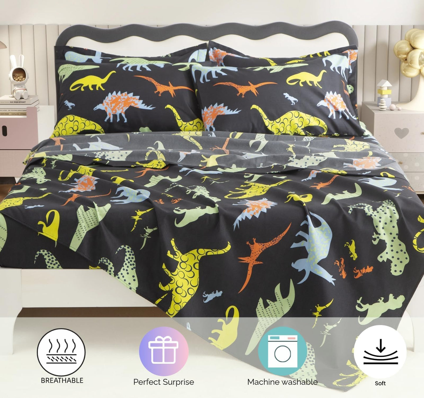 SDY 7PCS Twin Dinosaur Bedding Set，Soft Dino Bedding for Kids,Boys and Girls with Dinosaur 1Comforter 1FittedSheet 1FlatSheet 2Pillowcases 2PillowShams