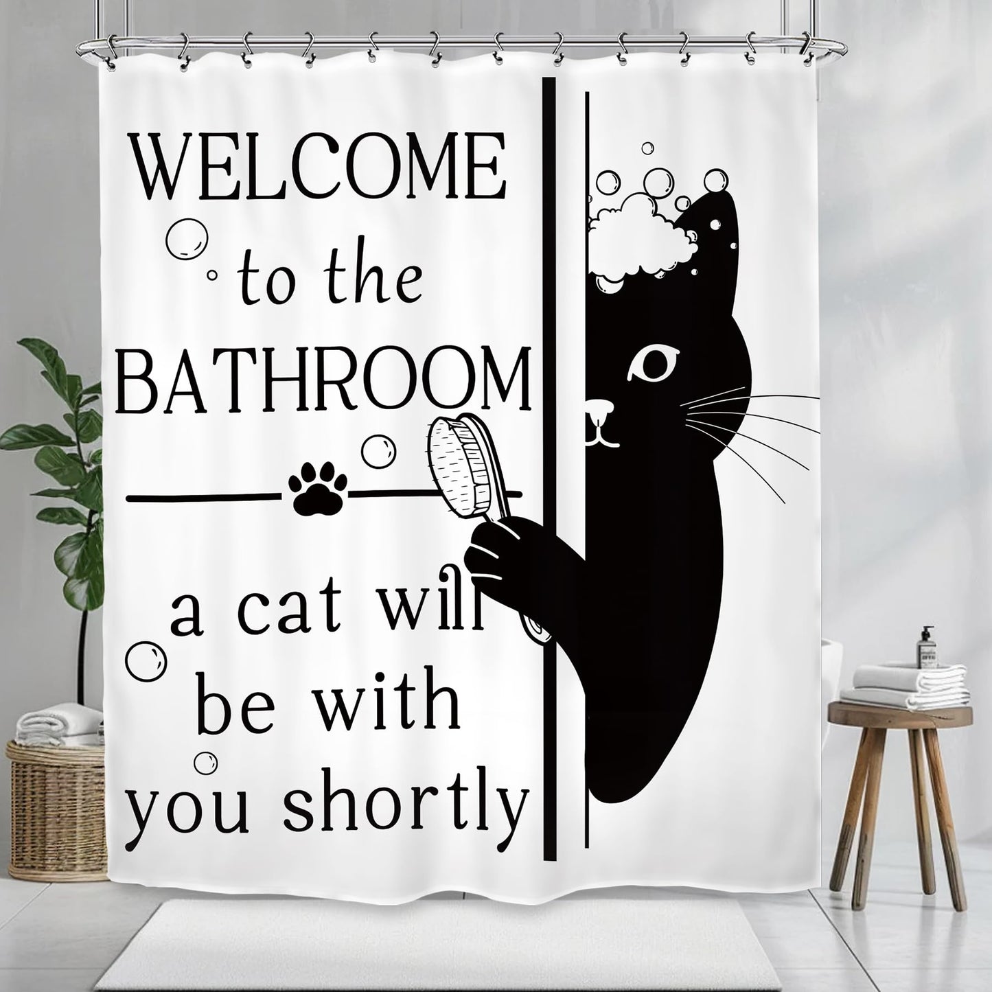 Kalmico Funny Hilarious Black Cat Shower Curtain 60Wx72L Inch Black White Cute Pet Animal Interesting Bathroom Set Accessories Decor with 12 Pack Hooks