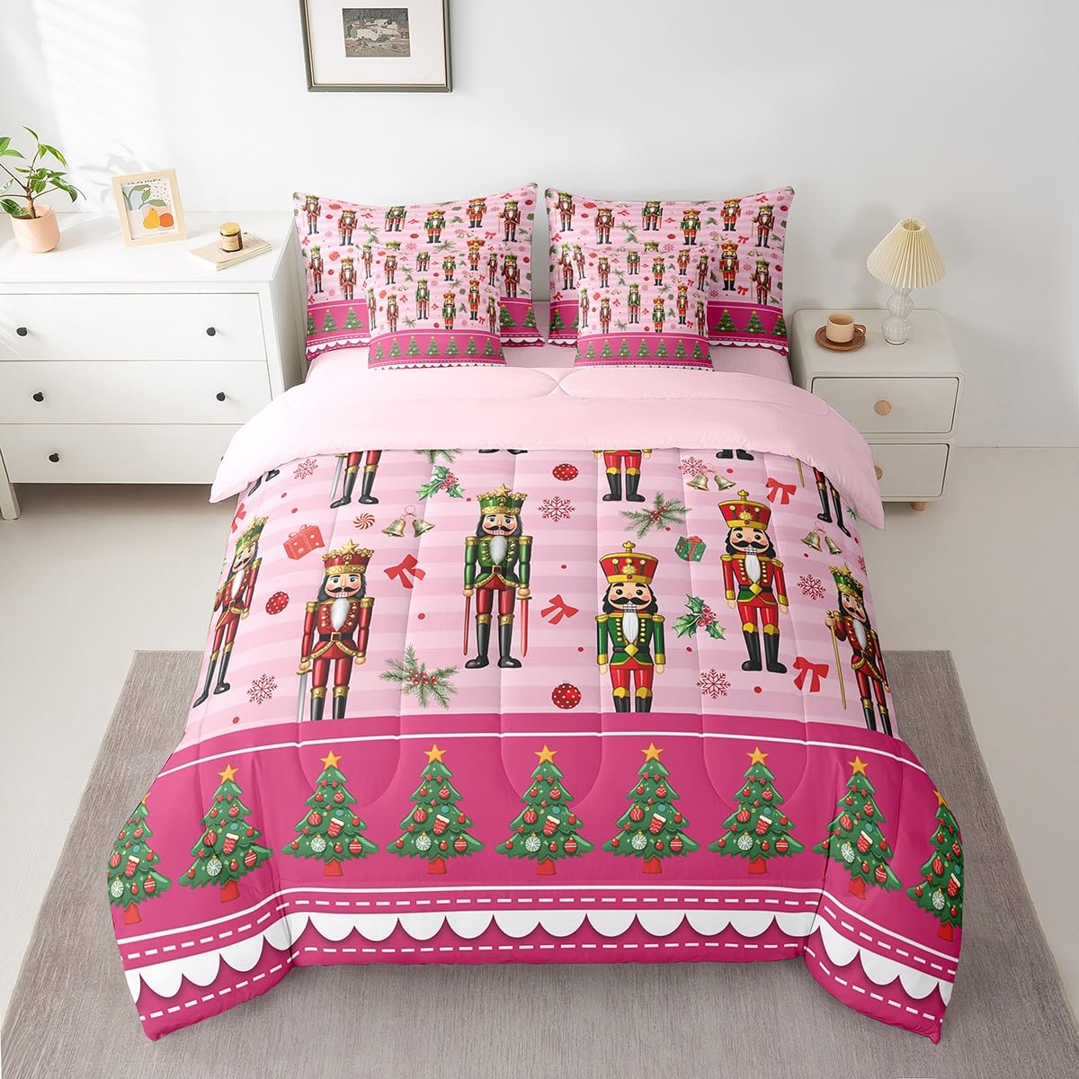 Erosebridal 7 Piece Christmas Nutcracker Kids Comforter Set King Bed in a Bag,Pink Christmas Bedding Set,Christmas Trees Bowknot Decor Sheets,Princess Magical Snowflake Duvet Insert Xmas Ornaments