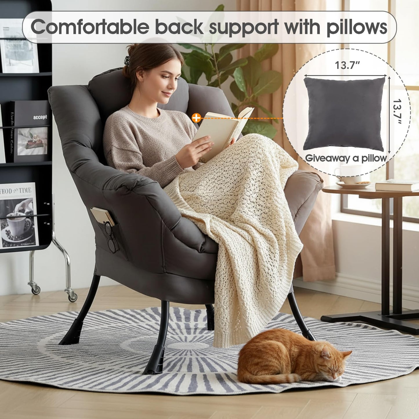 HomEastlly Lazy Chair for Living Room, Large Dark Grey Accent Chair with a Throw Pillow, Leisure Sofa Chair Set, Comfy Reading Chair for Bedroom, Dorm Room, Office