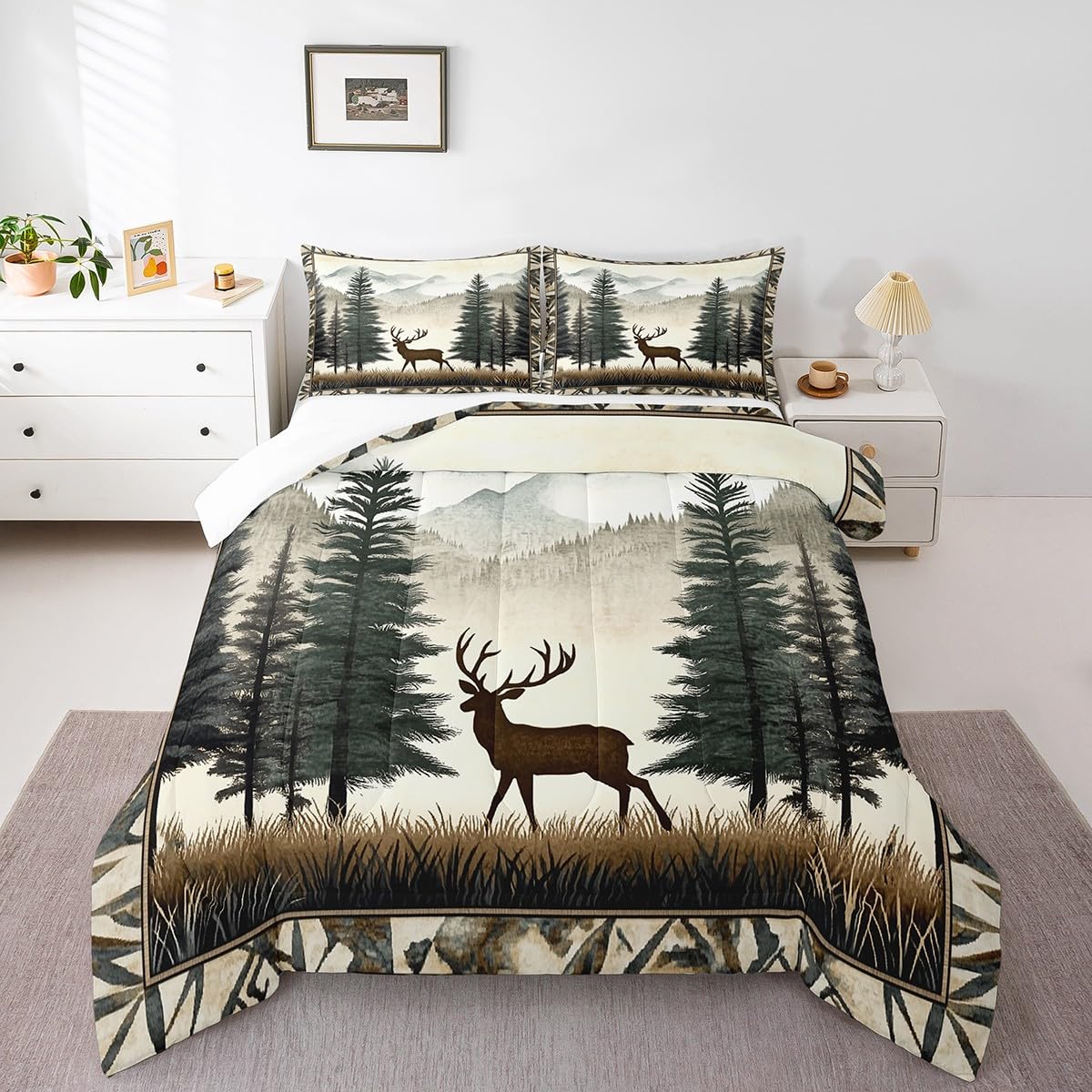 Deer Bedding Set Full Size,Pine Tree Animal Comforter Set for Kids Girls Boys Adults Room Decor,Foggy Mountain Plant Wildlife Duvet Insert 3Pcs,Retro Rustic Style Microfiber Quilt Set,2 Pillowcases