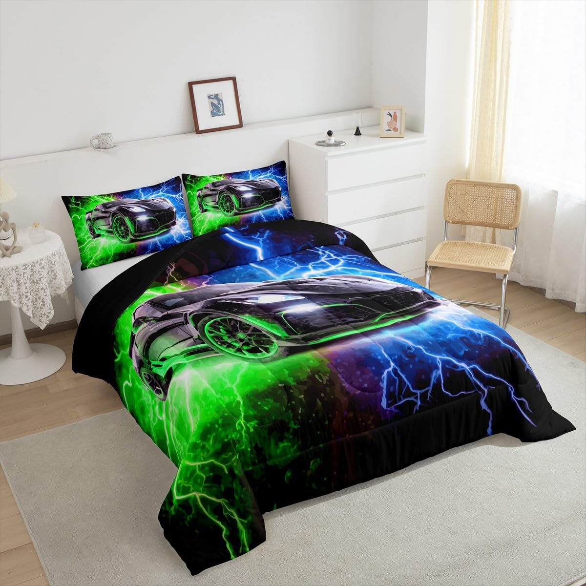 jejeloiu Race Car Kids Comforter Set Twin Size Automobile Bedding Set Blue Green Duvet Quilt for Kids Boys Girls Bedroom Speed Sports Car Decor Microfiber Ultra Soft Breathable