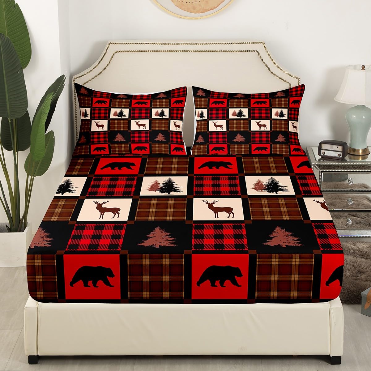 Erosebridal Rustic Deer Bed Sheets for Kids Teens Adult,Hunting Deer Patchwork Sheet Set Full,Retro Burgundy Buffalo Plaid Check Bedding,Hunting Animal Wildlife Flat Fitted Sheet with 2 Pillowcases
