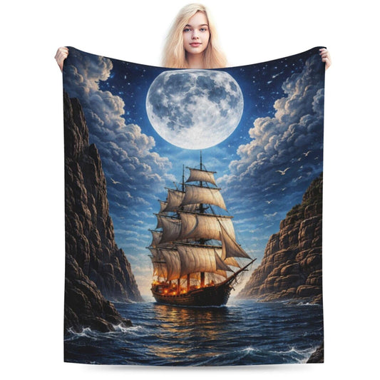 Qycazzw Moolit Sailing Ship Blanket Gifts for Women Kids, Ocean Lovers Flannel Blankets, Warm Cozy Soft Throw for Bedroom, Camping, Couch, Decor 50x60 in