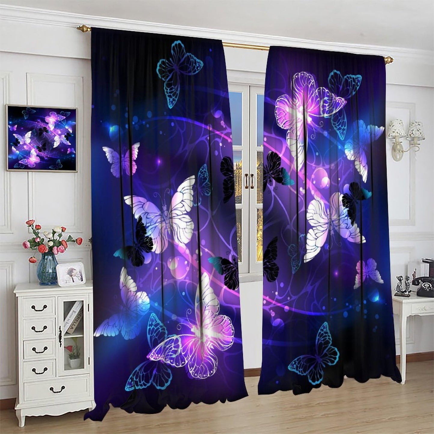 Yearn Jear Butterfly Curtains for Girls Bedroom,Purple Window Curtain Panels Drapes for Kids Bedroom Nursery Room Rod Pocket Windows Door Curtain, W42xL45in Decor