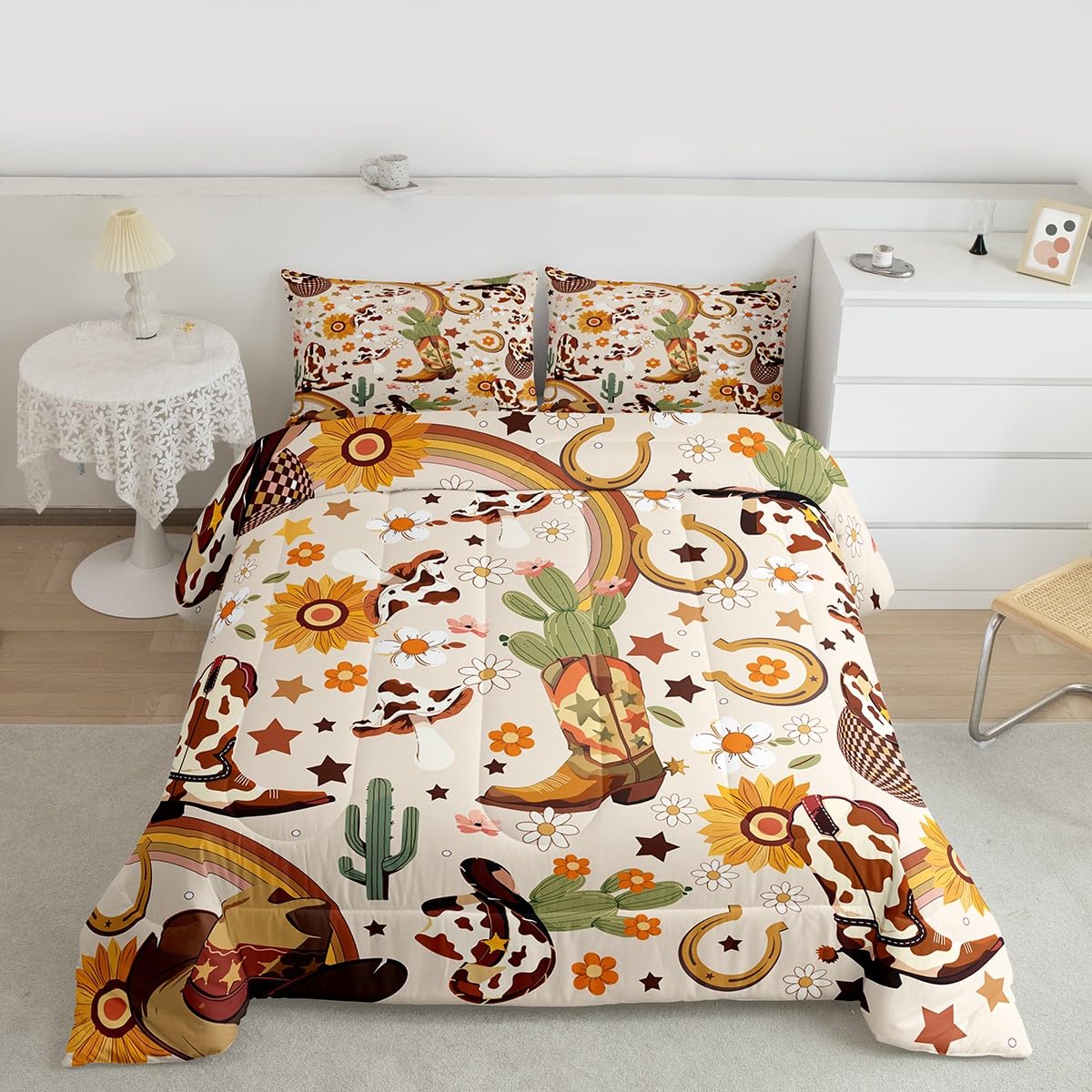 Feelyou Western Bedding Set Soft for Boys Girls, Cowgirl Floral Comforter Set Full Size Western Cowboy Boots Duvet Quilt Wild West Cactus Flower Bedroom Decor Light Beige 3 Pcs with 2 Pillow Cases