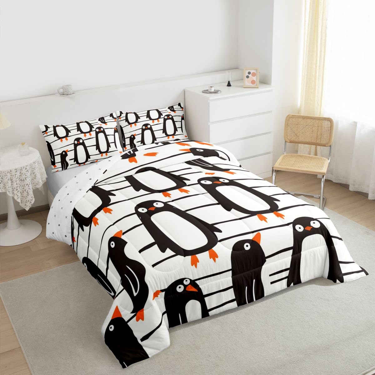 Erosebridal Funny Penguins Comforter Set Queen Black White Penguin Bedding Set Antarctic Animal Theme Comforter for Kids Boys Girls,Lovely Wildlife Pattern Quilt Duvet