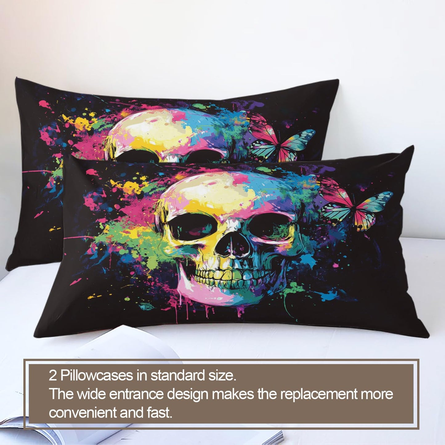 PAISUOQ Gothic Bedding Sets Full Skull Graffiti Comforter Cover with Zipper Ties, Butterfly Hippie Duvet Cover with 2 Pillowcases, 3 Pieces，Bedroom Decor & Gifts