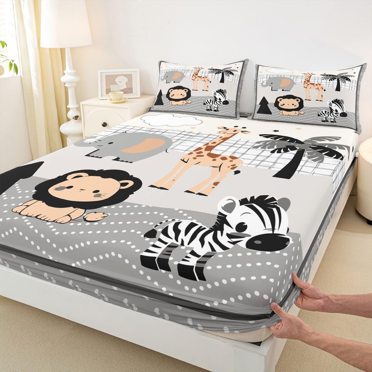 Erosebridal Jungle Animals Sheet Set Full Elephant Giraffe Lion Zebra Bed Sheets for Kids Boys Girls Hunter Brown Rust Wildlife Flat Fitted Sheet Cute Cartoon Animals Sheets 3 Pcs