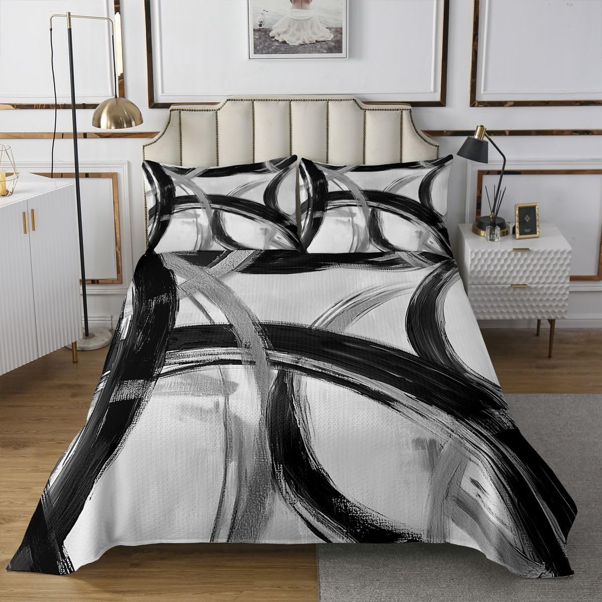 jejeloiu Black and Black Striped Bedspread King Size Abstract Gromment Stripes Coverlet Set Modern Geometric Quilted Coverlet for All Season with 2 Pillowcases Microfiber Lightweight