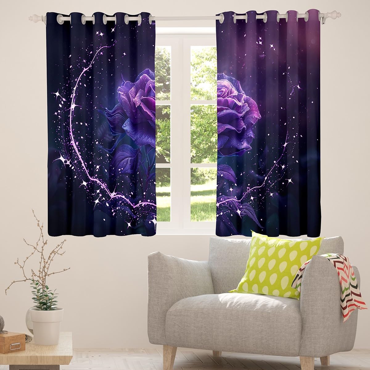 Erosebridal Black and Purple Rose Curtains,Romantic Purple Floral Curtains Blackout for Couples Bedroom,Funky Flower Curtains Valentines Gifts Modern Flowers Window Curtains 2 Panels 42" Wx63 L