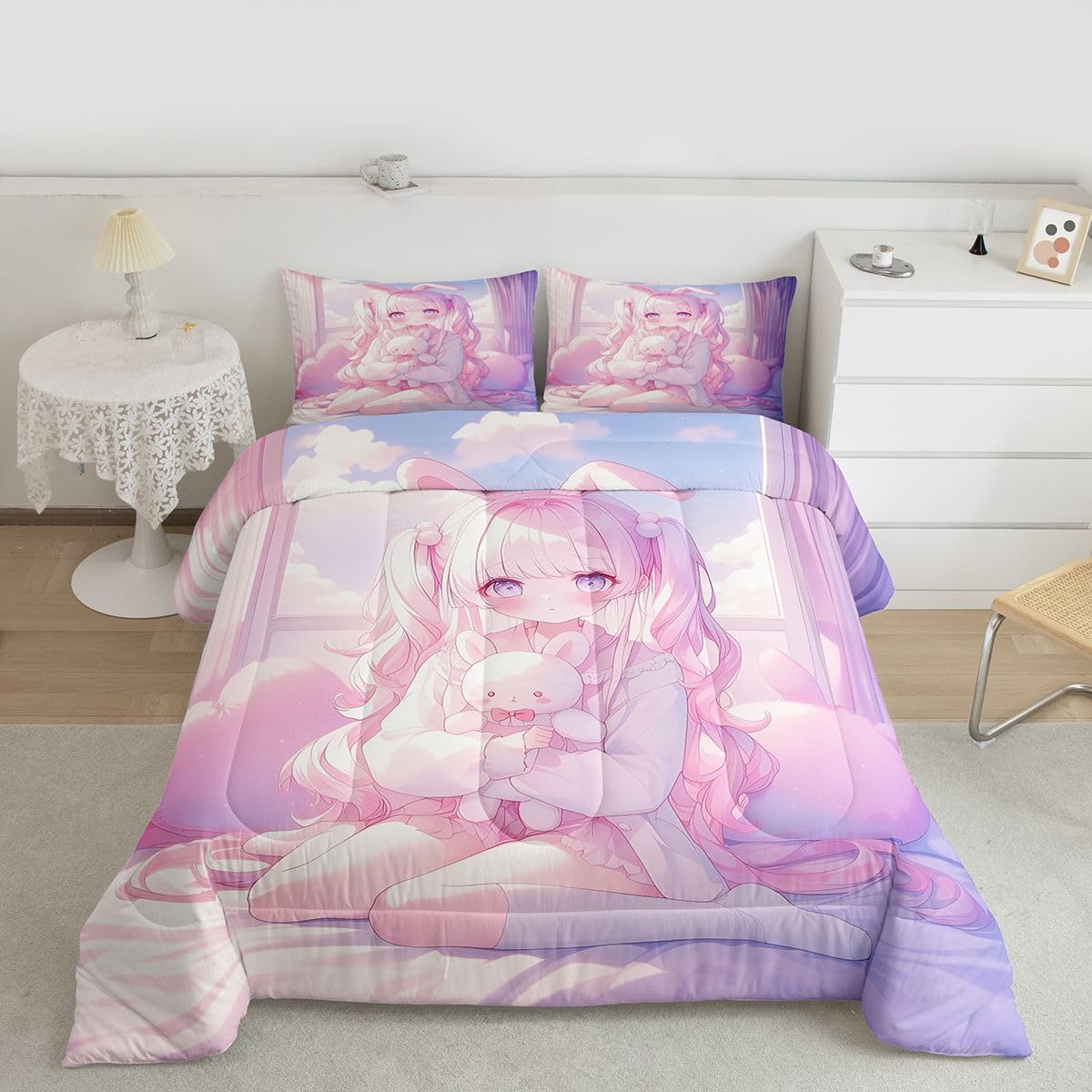 Erosebridal Romance Girly Comforter Set for Kids Boys Girls Anime Girl Bedding Japanese Girl Duvet Set Cute Cartoon Bear Comforter Twin with 1 Pillowcase