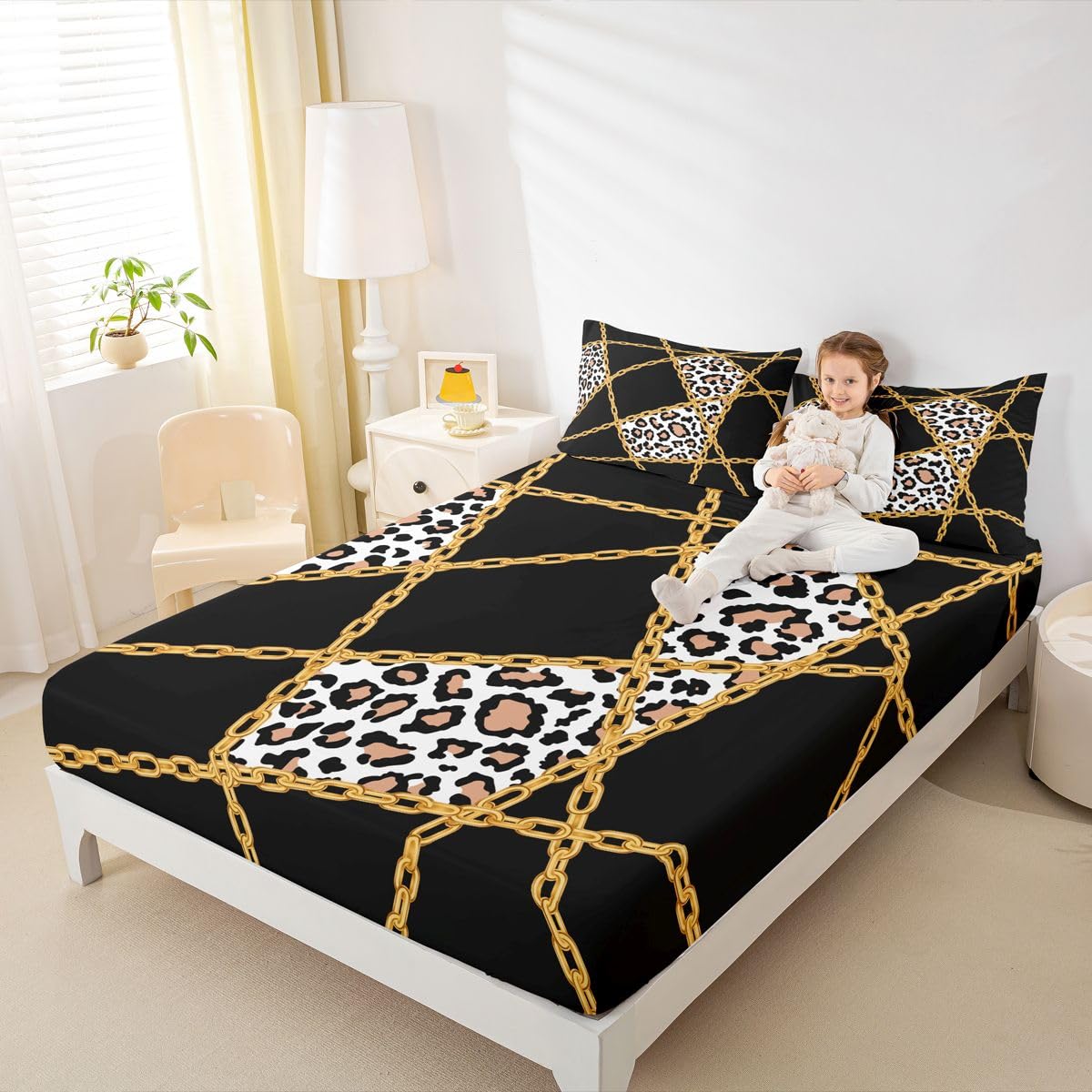 jejeloiu Black Leopard Fitted Sheet with 1 Pillowcase Twin Size Iron Chain Print Bed Sheets Set 16" Deep Pocket Boys Girls Cheetah Bedding Animal Print Teens Bedroom Decor Breathable Soft Lightweight